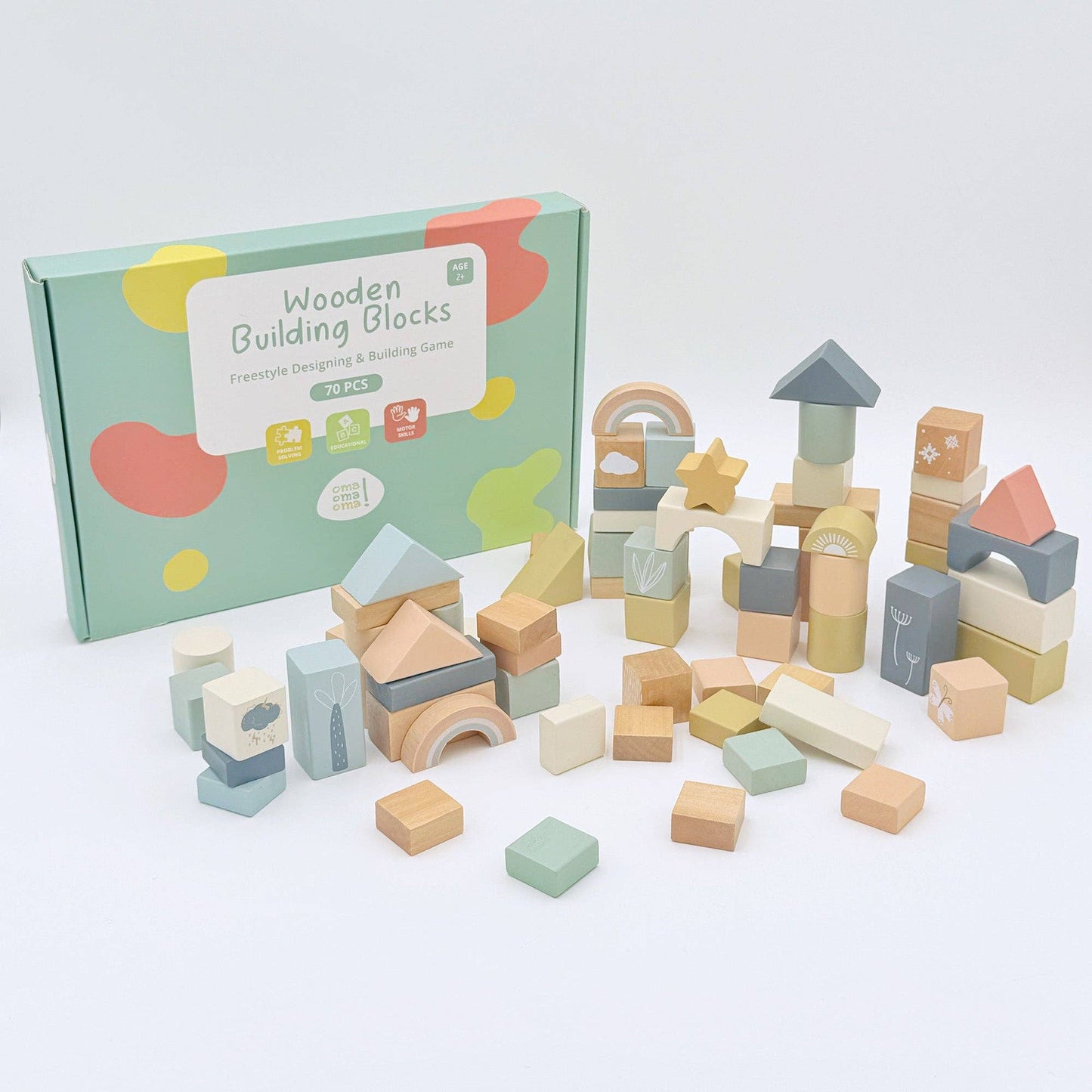 WOODEN BUILDING BLOCKS 70PC NATURAL WOOD BLOCK SET AGES 2